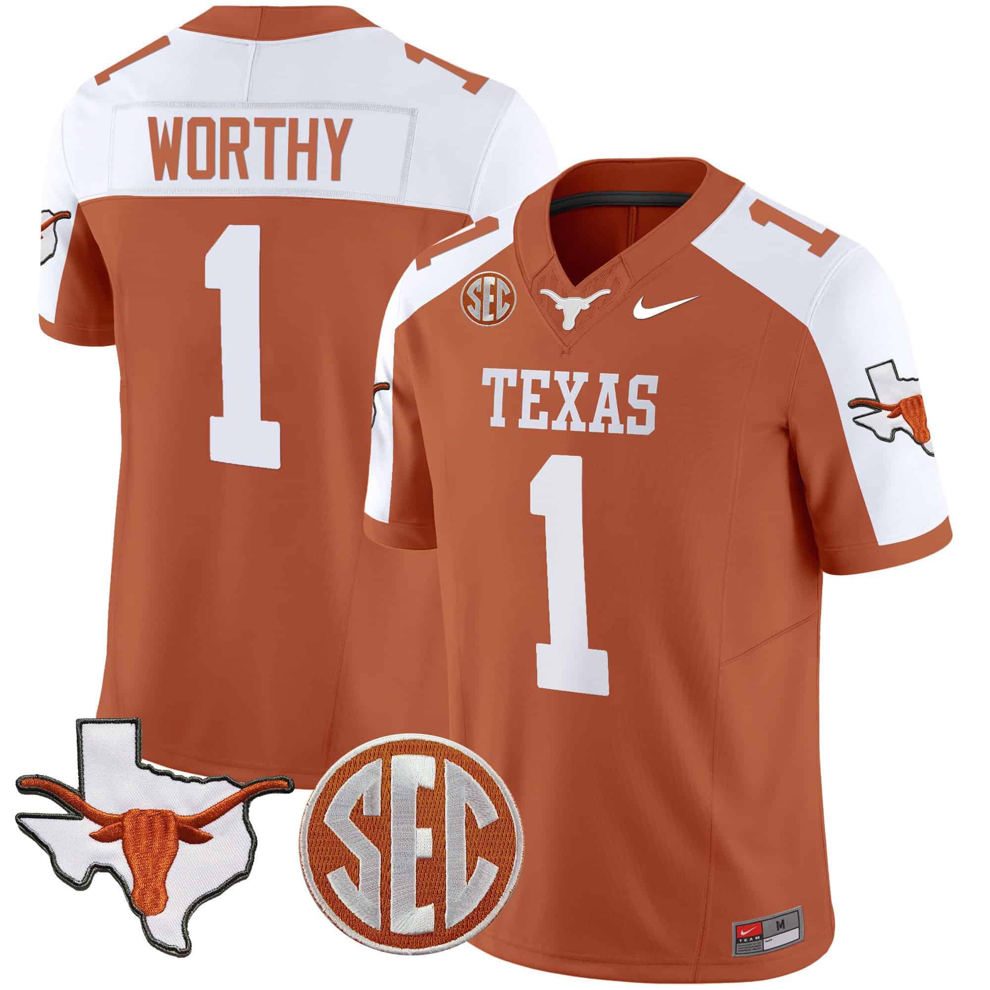 Men Texas Longhorns #1 Worthy Orange 2024 Nike State Map & SEC Patch Vapor NCAA Jersey